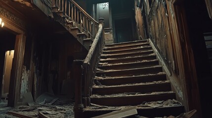 Obraz premium Abandoned interior of a home with a damaged staircase and remnants of renovation illustrating decay and forgotten spaces