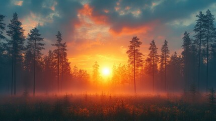 Naklejka premium Serene sunrise over misty forest landscape with tall trees creating a tranquil atmosphere during a morning hike in nature.