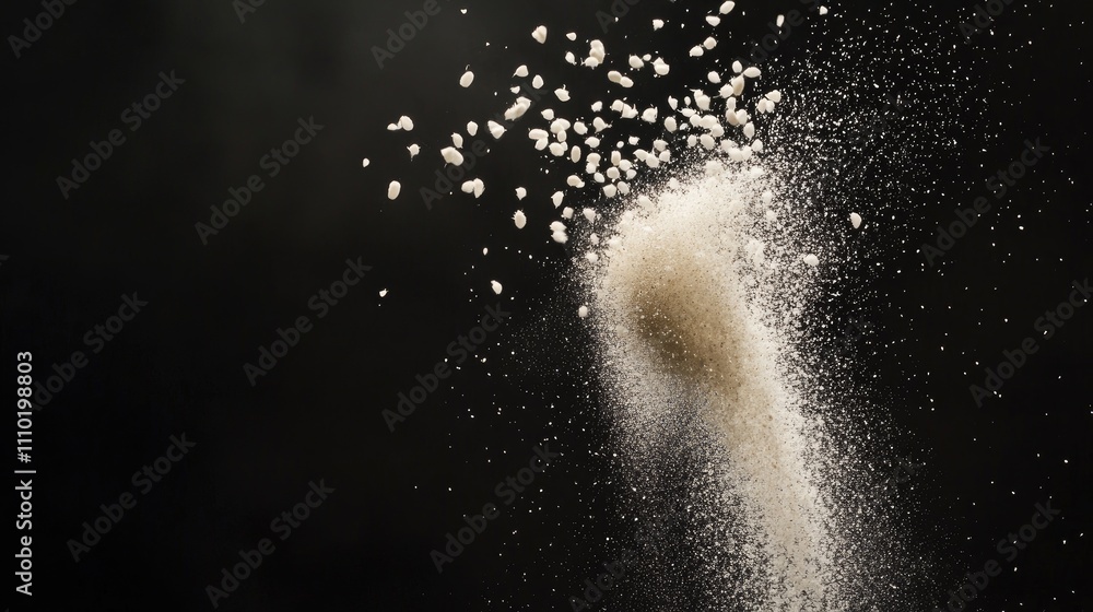 Poster Rice grains cascading against a dark backdrop showcasing texture and movement in a culinary context.