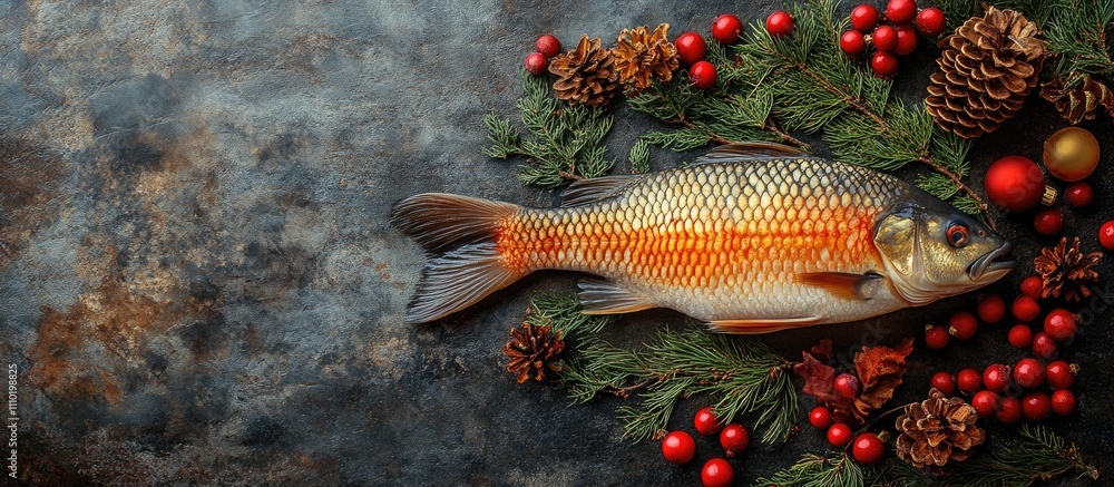 Poster carp fish decorated with pine cones and holiday ornaments on a stone surface with ample copy space f