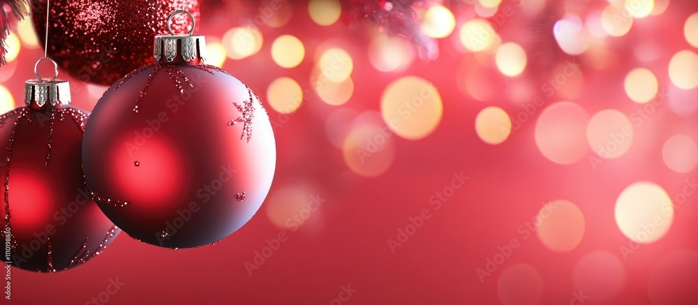 Poster elegant red christmas ornaments with bokeh lights creating a festive atmosphere on a soft red backgr
