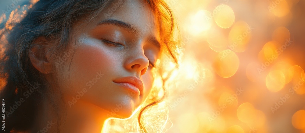 Aufkleber serene close-up portrait of a young woman enjoying a moment of tranquility with soft golden bokeh ba