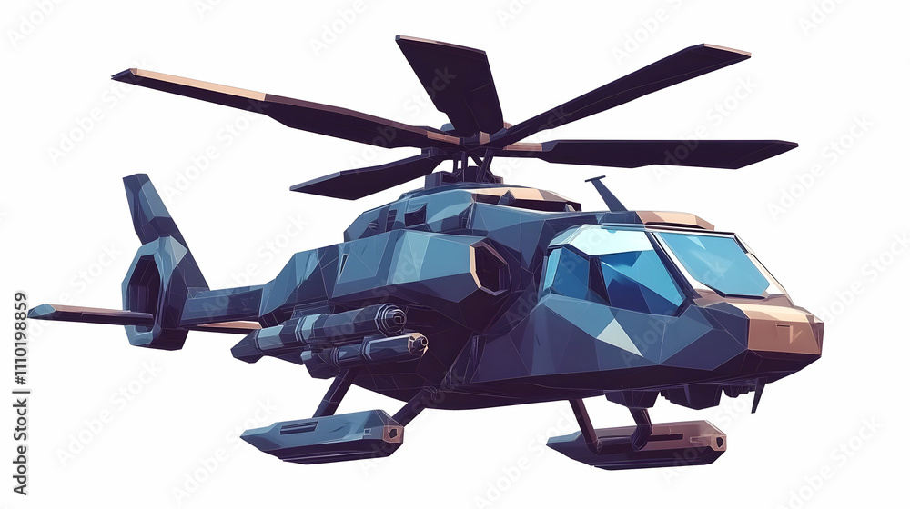 Poster a low-poly helicopter model showcasing a modern design with multiple rotors and weapons.