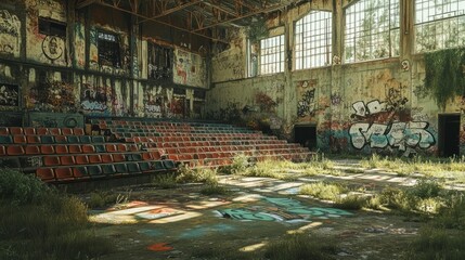 Soccer stadium with graffiti-covered walls, rundown seating, and worn grass