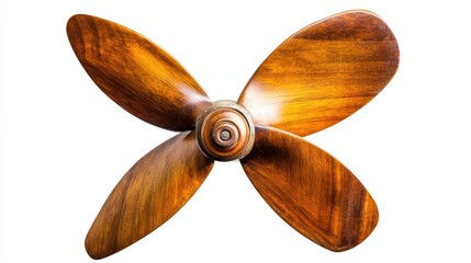 Wooden boat propeller with three blades isolated on white background showcasing detailed craftsmanship and design features for marine applications.