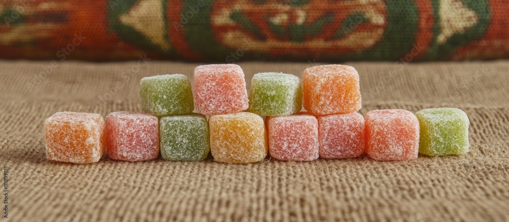 Poster multicolored marmalade cubes arranged on rustic fabric creating a charming holiday treat setting wit