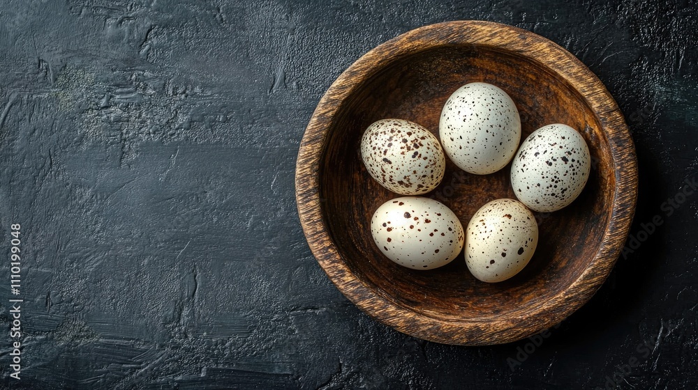 Aufkleber quail eggs arranged in a rustic wooden bowl on a textured dark surface showcasing natural patterns a