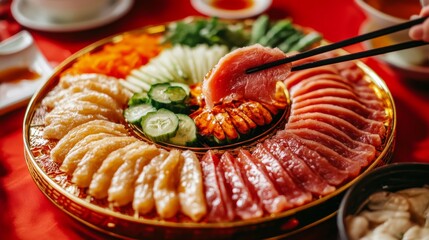 Close Up Shot of Chopsticks Picking Up Fresh Sushi with Colorful Platter