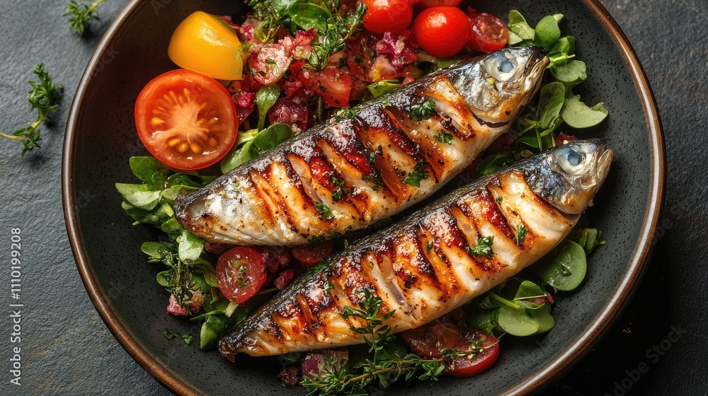 Aufkleber grilled mackerel served on a bed of fresh salad with tomatoes and thyme herbs in a rustic bowl