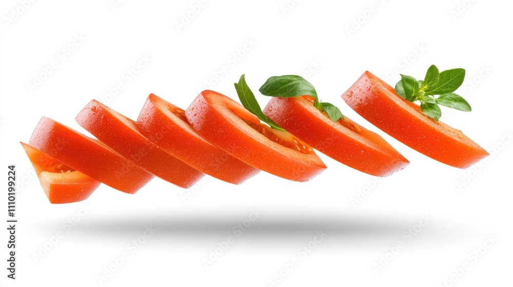 Poster Sliced red bell pepper with fresh basil floating above a pristine white background showcasing vibrant colors and culinary appeal