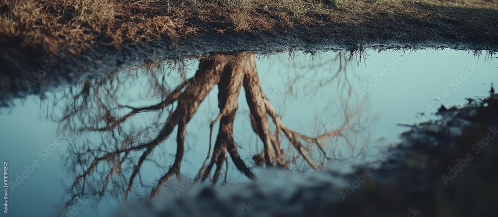 Aufkleber tranquil reflection of a leafless tree in a calm water puddle surrounded by nature's serenity and ea