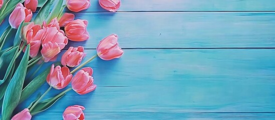 Delicate pink tulips arranged on a vibrant blue wooden surface with ample space for text or graphic overlays.