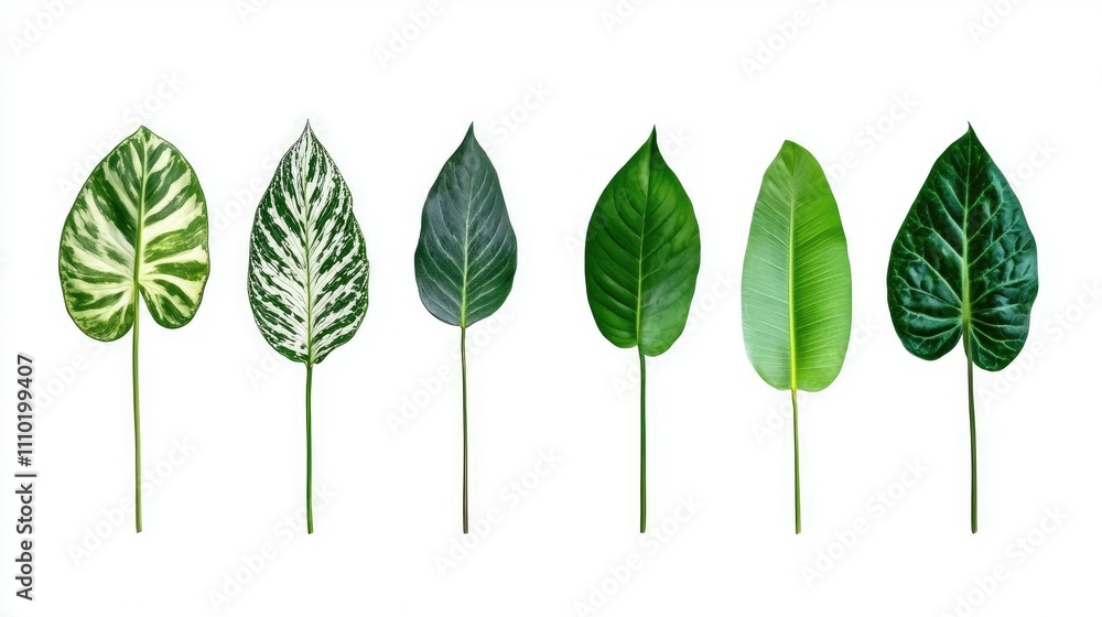 Poster assorted green leaves on white background showcasing various textures and shapes ideal for nature or