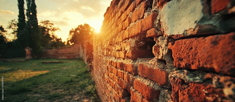 Poster red brick fortress wall illuminated by sunset with lush greenery in the background creating a warm a