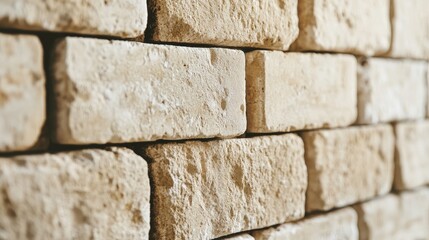 Fototapeta premium Textured stone wall with neatly arranged blocks showcasing a rustic and durable construction aesthetic for architectural design projects.