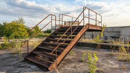 Fototapeta premium Rusty iron stairs leading to the rooftop of an abandoned industrial factory surrounded by overgrown vegetation and a cloudy sky.