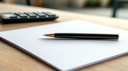 Finance and investment concept with quotes charts calculator and pen on a white sheet of paper on a wooden table in an office setting