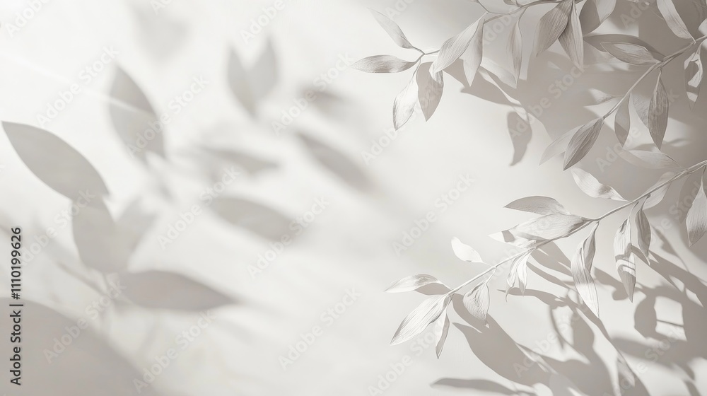 Poster Nature-inspired silhouette of tropical leaves casting soft shadows on a light background creating a serene and tranquil atmosphere.