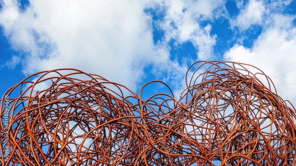 Poster Abstract sculpture of intertwined rusty wires against a vibrant blue sky with fluffy clouds creating a striking visual contrast.