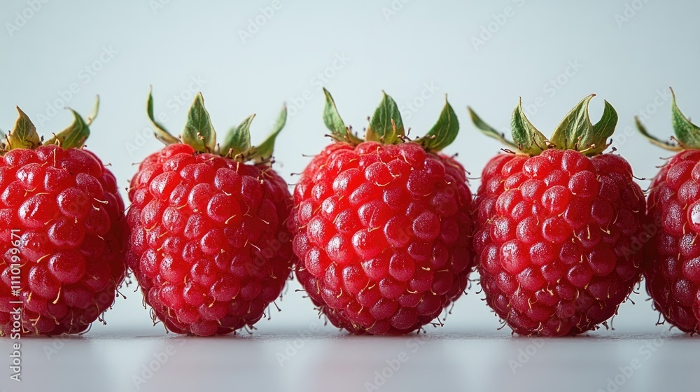 Poster Fresh raspberries arranged in a row on a white background showcasing their vibrant red color and textured surface in closeup detail