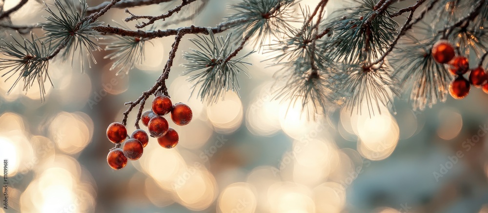 Aufkleber luminous bokeh backdrop featuring frosted pine branches and festive red berries creating a magical h