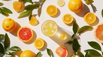 Naklejka premium Citrus juice in a glass surrounded by fresh oranges and grapefruits on a white background with vibrant green leaves.