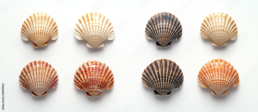 Poster collection of colorful seashells arranged in two perspectives on a clean white background showcasing