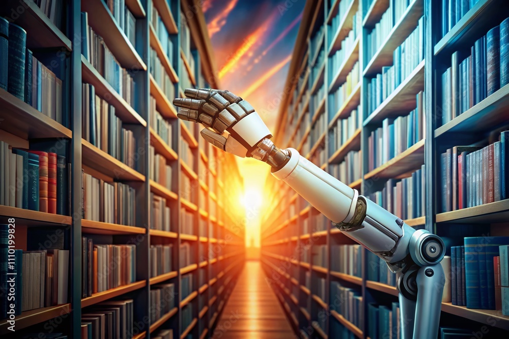 Poster a robotic hand reaching for a book in a library, symbolizing the integration of technology and knowl