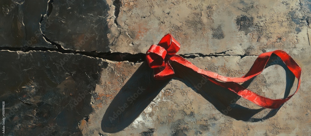 Aufkleber serpentine red ribbon elegantly draped across a cracked surface, creating a striking visual contrast
