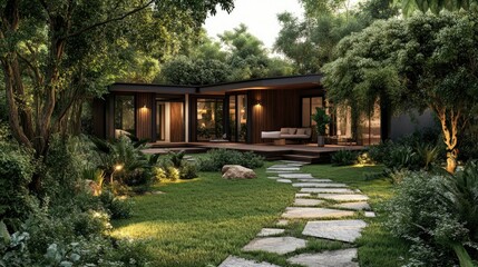 Cozy L-shaped bungalow-style home with wooden accents, nestled among lush greenery and a stone pathway leading to the entrance.