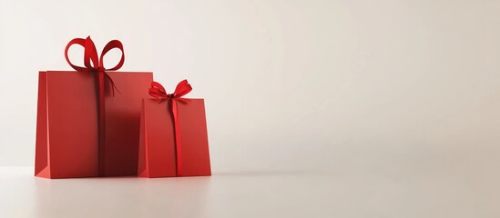 Red gift bags with decorative bows isolated on a clean white background, perfect for holiday or promotional content showcasing gifts.