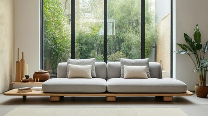 Cozy Nordic-inspired living room with clean lines, a gray sofa, light wooden accents, and a large window opening to greenery