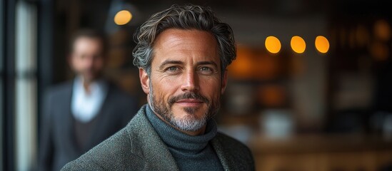 Fototapeta premium Businessman with a confident smile in a modern setting featuring the phrase Live And Let Live on a board in the background