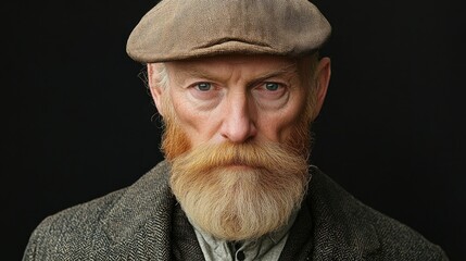 Mature bearded man in vintage gangster attire wearing a peaked cap with a serious expression against a dark background