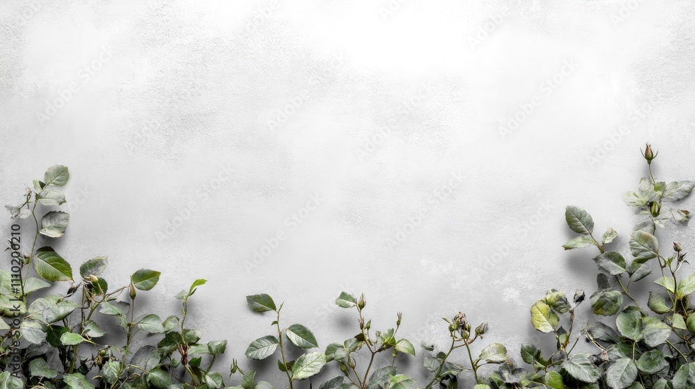Poster gray shadow of wild rose leaves against a white wall creating an abstract nature theme with space fo