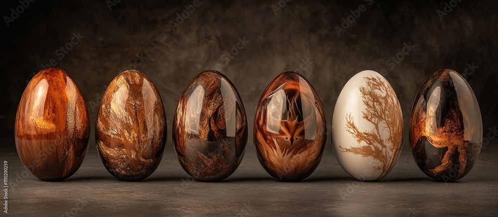 Poster artisan crafted easter eggs showcasing intricate varnish painting techniques and unique wooden textu