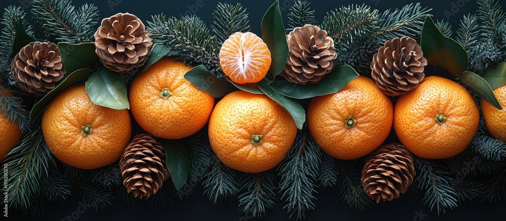 Poster close up of peeled tangerines with pine branches and cones arranged elegantly in a bird's eye view s