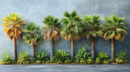 Fototapeta premium Lush garden scene featuring vibrant isolated palm trees against a textured background showcasing nature's beauty and tranquility