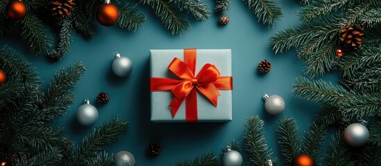 Festive Christmas gift box wrapped in red ribbon surrounded by pine branches and ornaments on a teal background