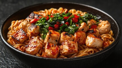 Fototapeta premium Spicy chicken noodles with mixed vegetables served in a black bowl on a dark background