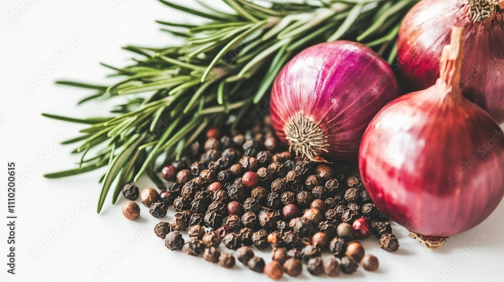 Poster red onions rosemary and peppercorns arranged on a white background showcasing vibrant colors and tex