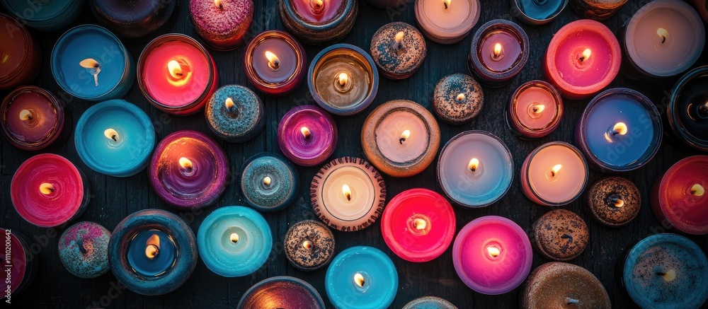 Poster Colorful aromatic candles arranged artistically in a dark setting overhead flat lay creating a warm romantic ambiance