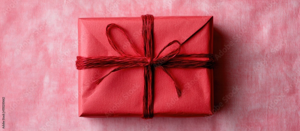 Aufkleber Red gift box neatly tied with string on a soft pink background perfect for festive occasions and celebrations