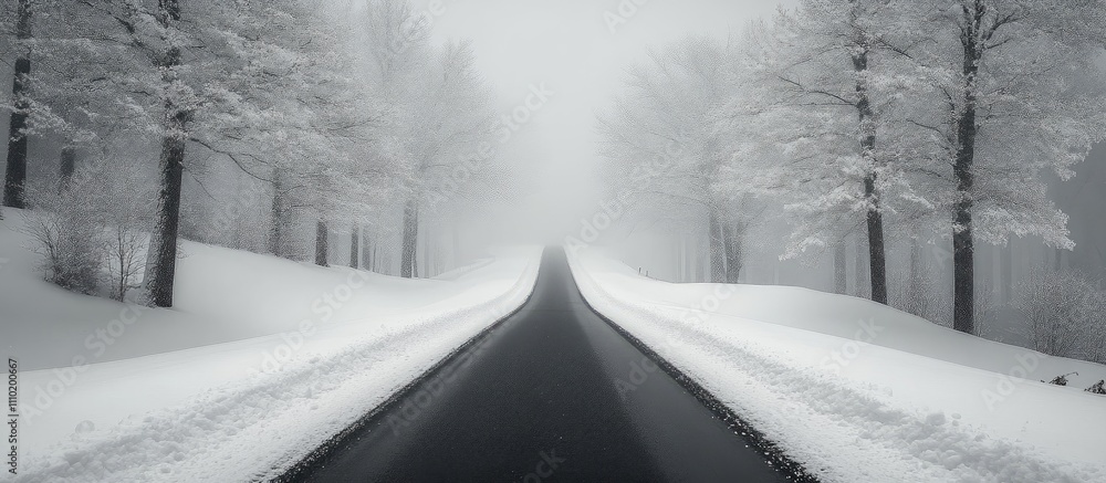 Aufkleber snowy road through a serene winter landscape with fog and snow-covered trees creating a peaceful and