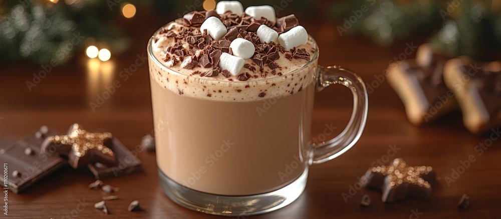 Poster frothy cocoa in a large mug topped with marshmallows, chocolate chunks, and gingerbread star cookies