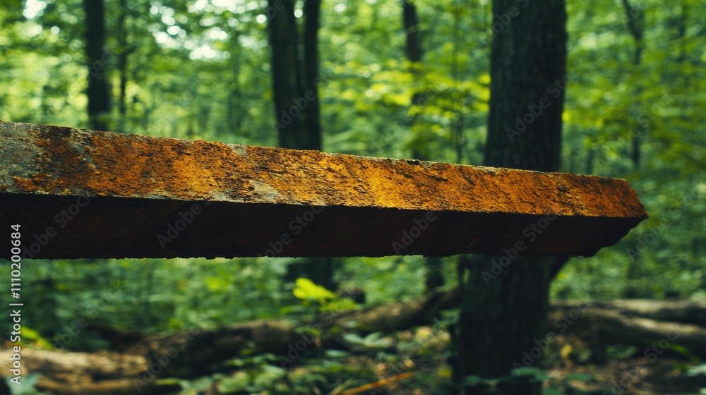 Leinwandbilder rusty metal surface with manual sharpener whetstone set in a serene forest background showcasing nat