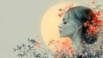Beautiful woman silhouette surrounded by flowers and butterflies with a soft golden moon in the background during twilight. Generative AI