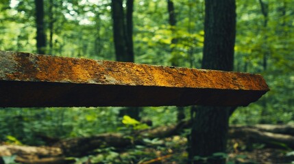 Naklejka premium Rusty metal surface with manual sharpener whetstone set in a serene forest background showcasing natural greenery and tranquility