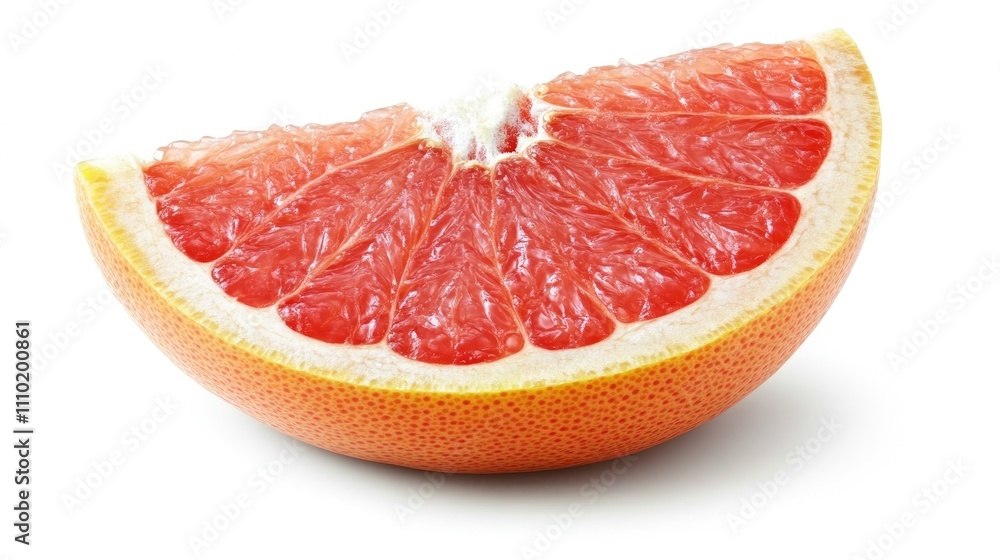 Poster Red grapefruit slice on white background showcasing texture and vibrant color in top view arrangement for healthy food concepts.