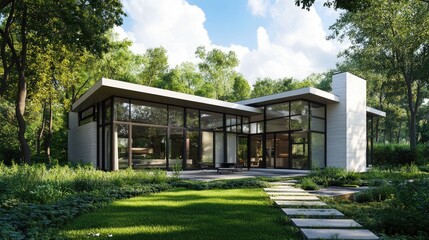 Exterior of an L-shaped house with a white-gray facade, long windows reflecting the sky, and minimalist green landscaping